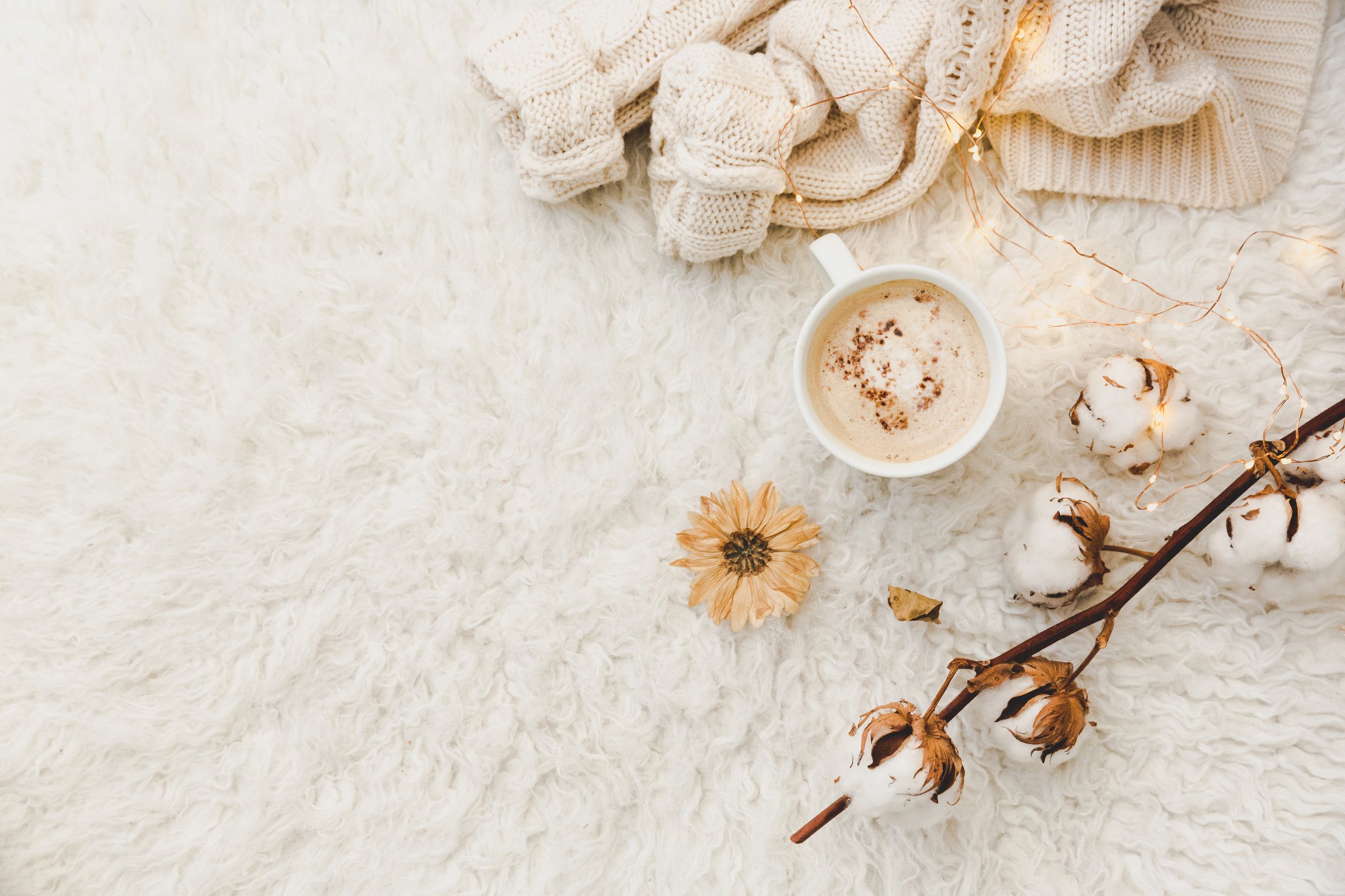 Flat lay composition with cup of coffee. Cozy toned background